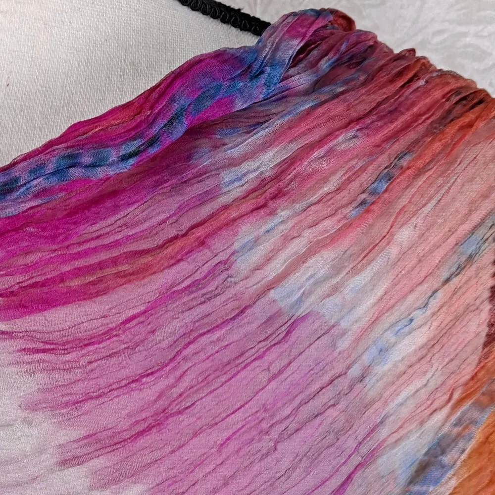 Indian Multi Color Silk Scarf Scrunched Texture Beaded Ends NWOT